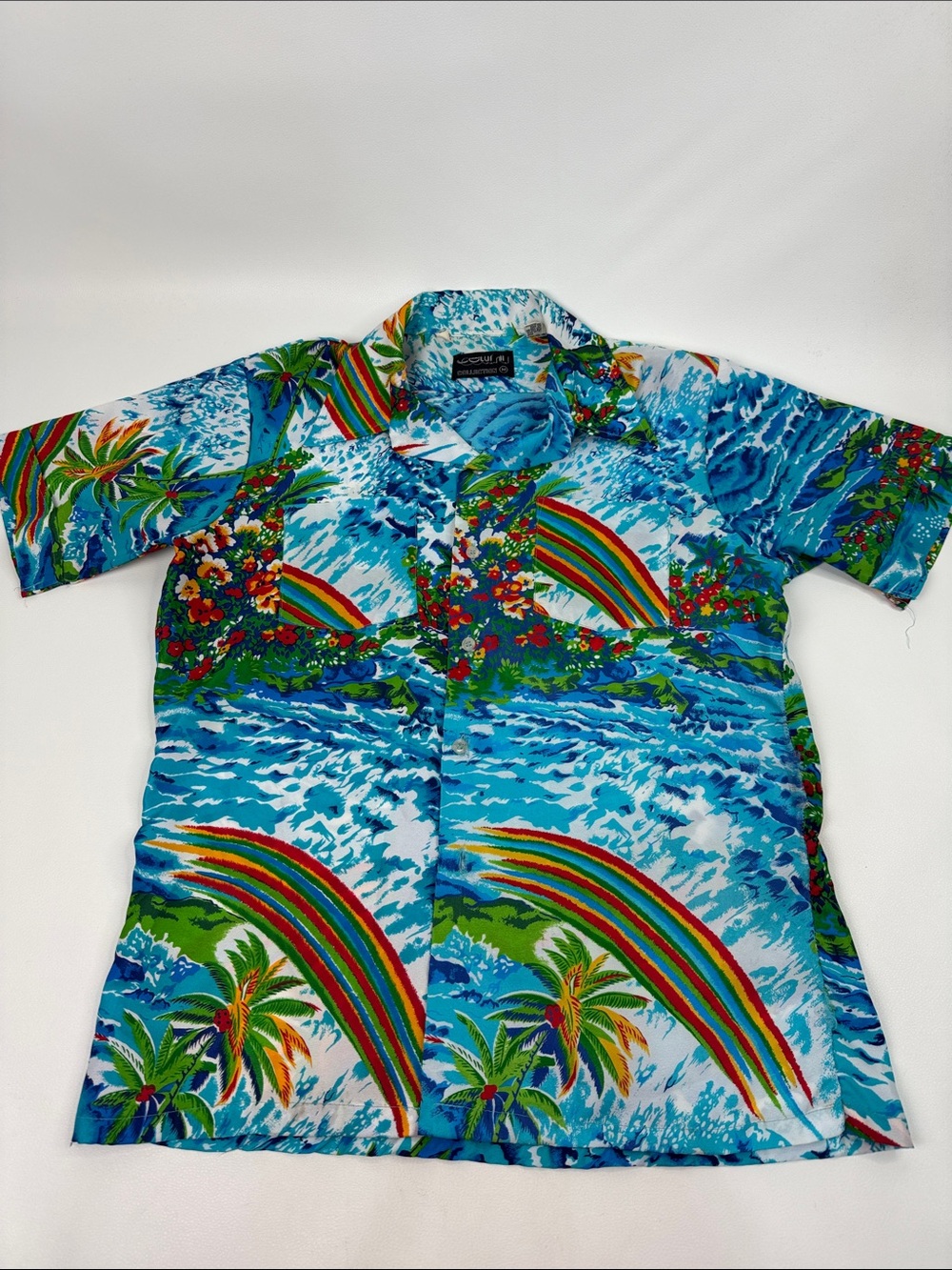 Vintage Cellini Tropical Rainbow Surf Print Short-Sleeve Button-Down Shirt Med